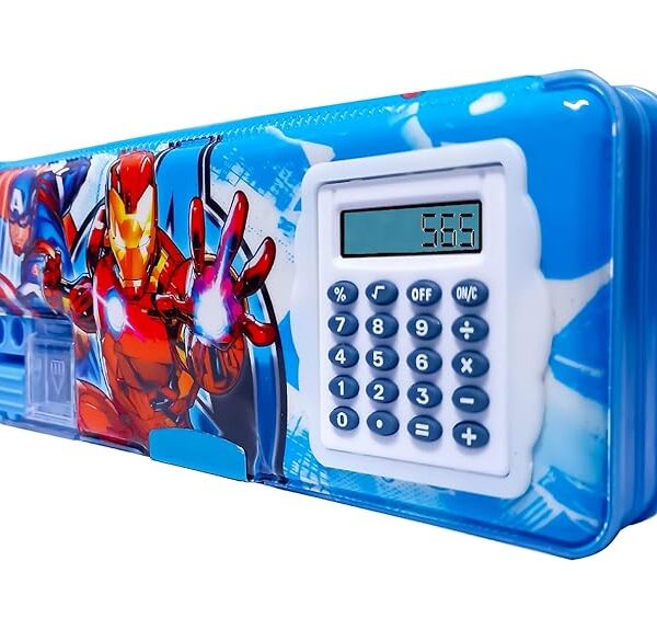 Pencil Box with Calculator & Dual Sharpener for School Kids Avengers Iron Man Cartoon Printed