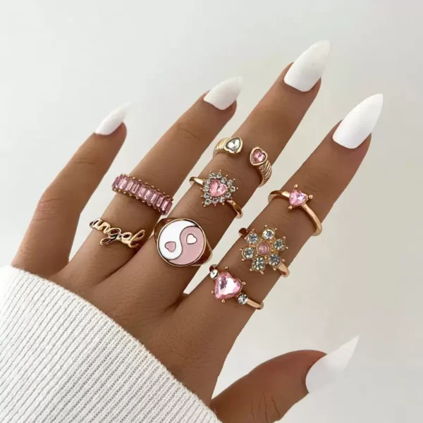 Women’s Pink Finger Ring Set Adjustable Rings - Image 4